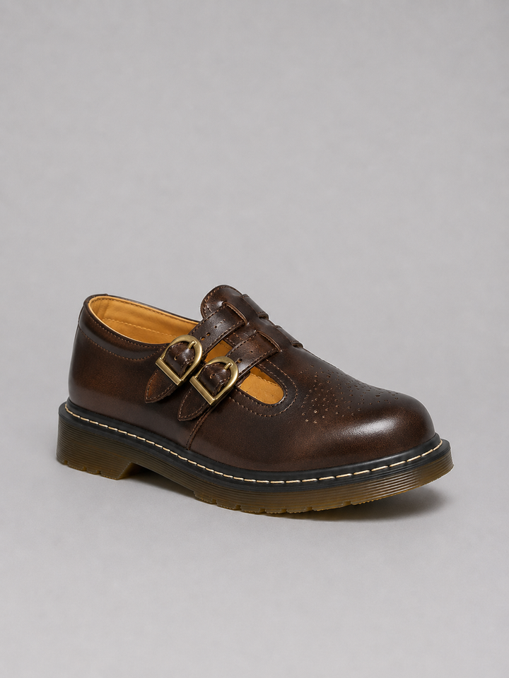 Women’s Leather Mary Jane Shoes – Double Buckle Chunky Sole Flats
