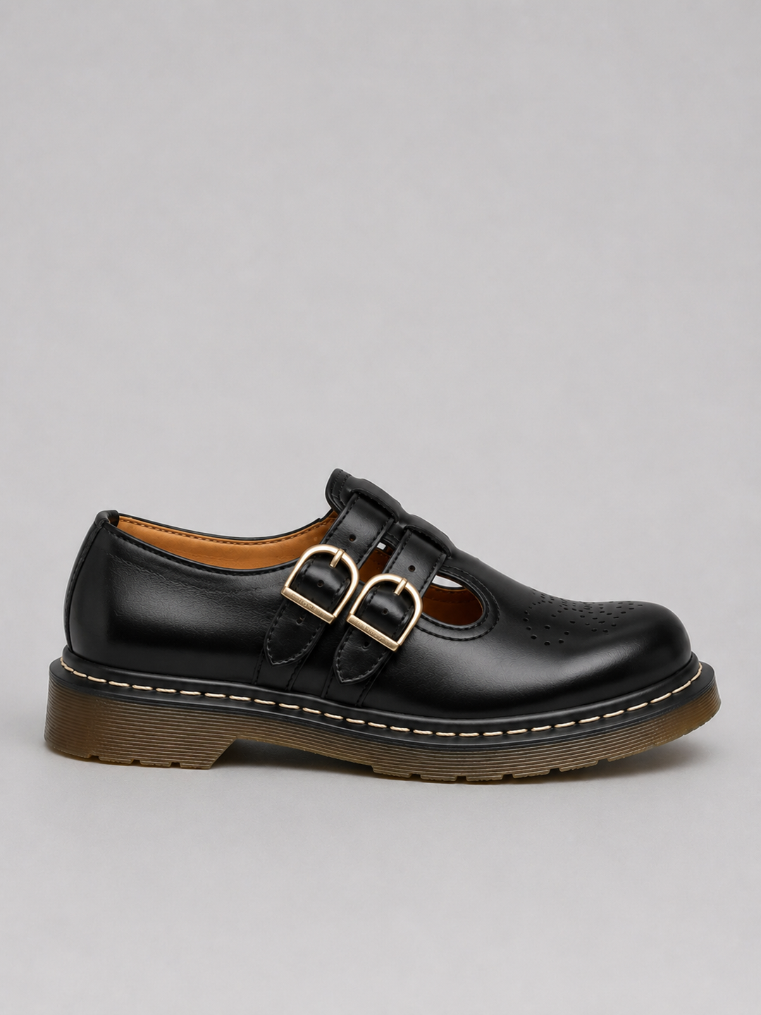 Women’s Leather Mary Jane Shoes – Double Buckle Chunky Sole Flats