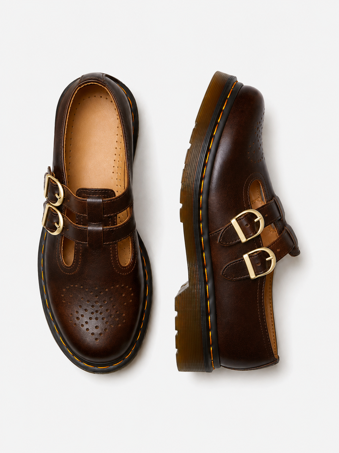 Women’s Leather Mary Jane Shoes – Double Buckle Chunky Sole Flats